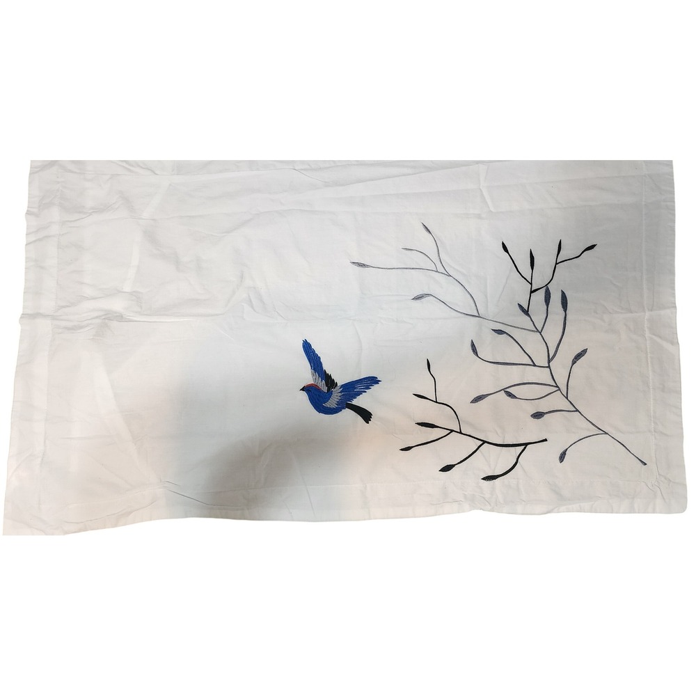 Superior Embroidered Pillowcase White Blue Bird Branch 100% Cotton Standard